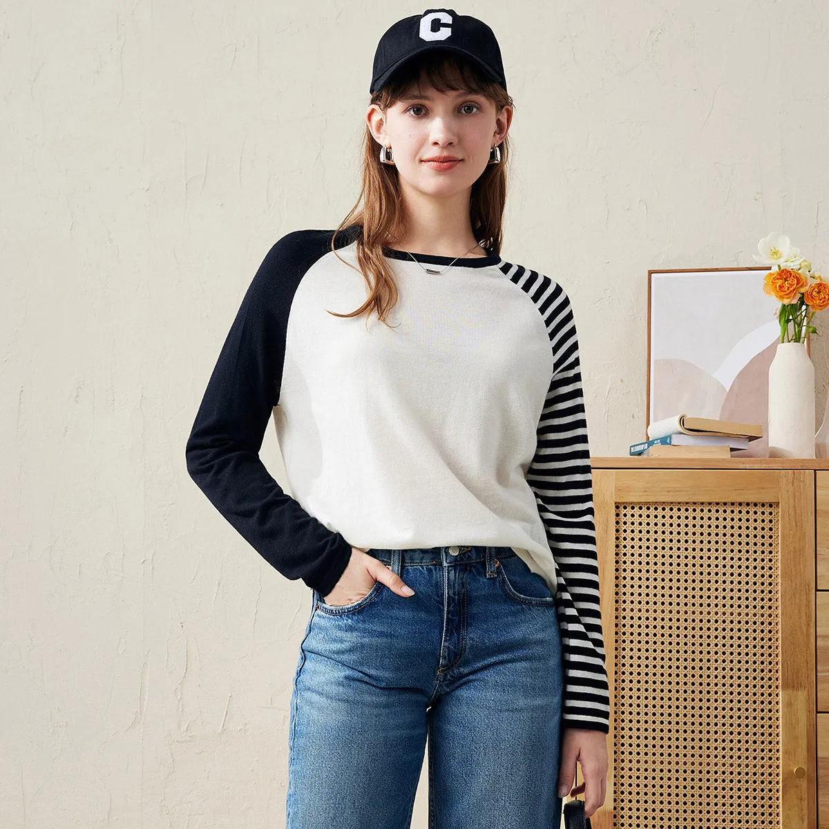 100% Wool Striped Sleeve Contrast Knit Sweater