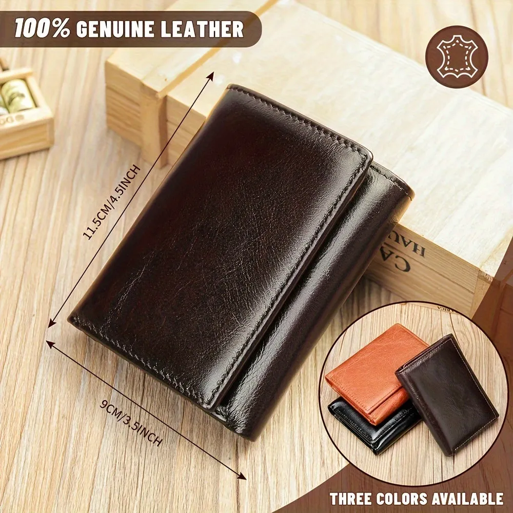 1pc Men's Genuine Leather Rfid Wallet, Retro Thin Short Multi Function ID Credit Card Holder, Gifts To Men On Valentine's Day