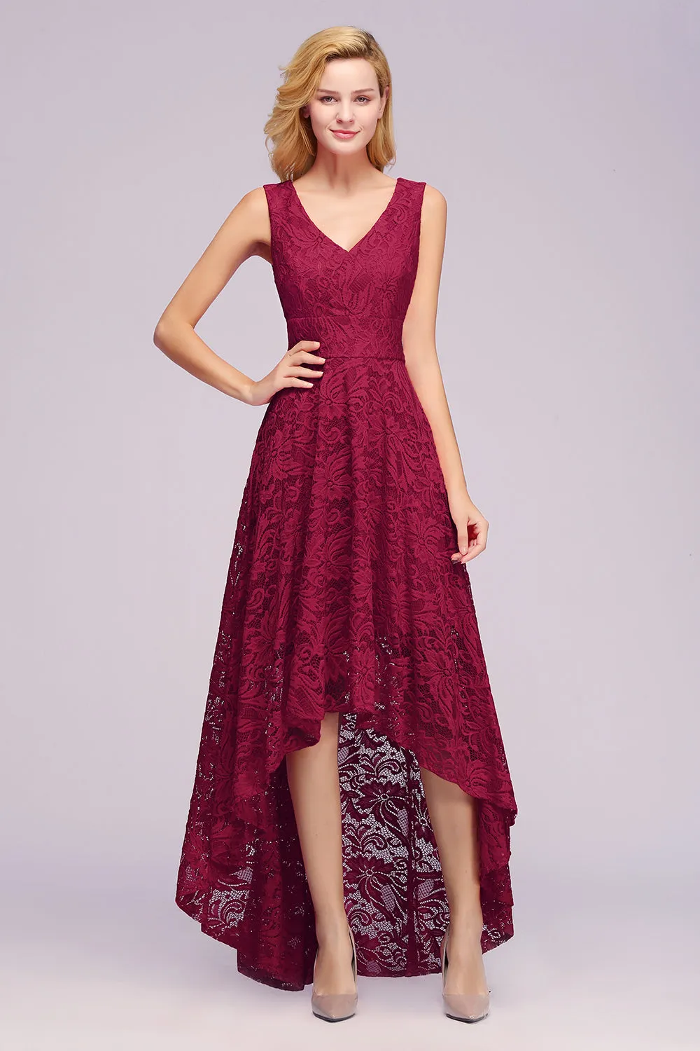 27prom Burgundy A-line Hi-lo V-neck Lace Dresses