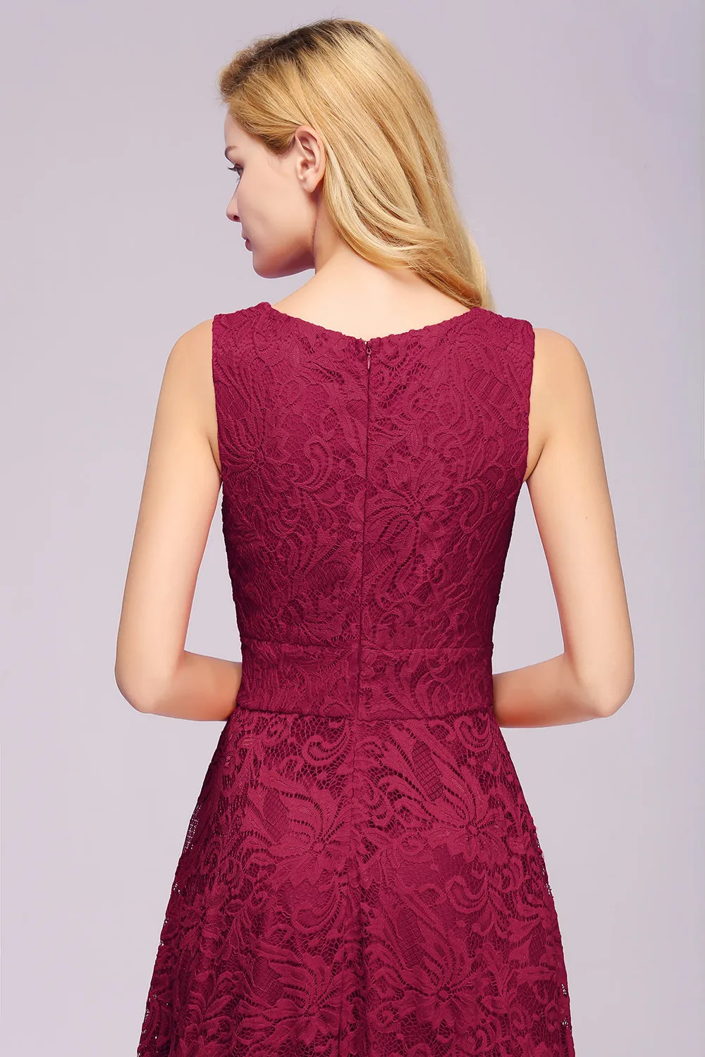 27prom Burgundy A-line Hi-lo V-neck Lace Dresses