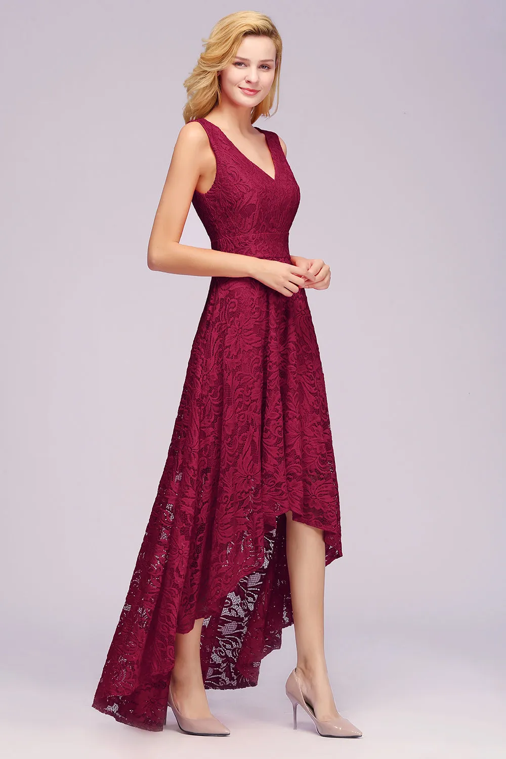 27prom Burgundy A-line Hi-lo V-neck Lace Dresses