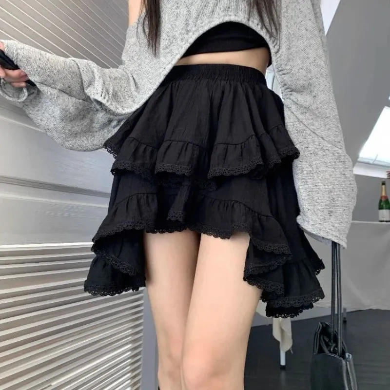 Advbridge Ruffles Kawaii Women Mini Skirt Japanese Style Irregular Sweet Lace White Patchwork Elegant Casual Black Short Skirt