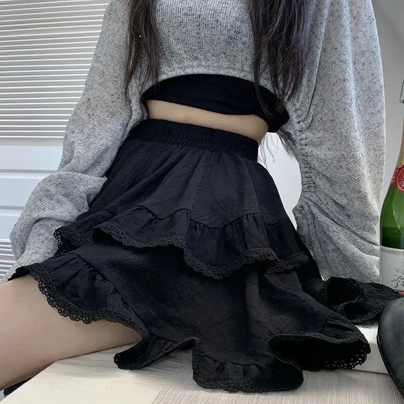 Advbridge Ruffles Kawaii Women Mini Skirt Japanese Style Irregular Sweet Lace White Patchwork Elegant Casual Black Short Skirt