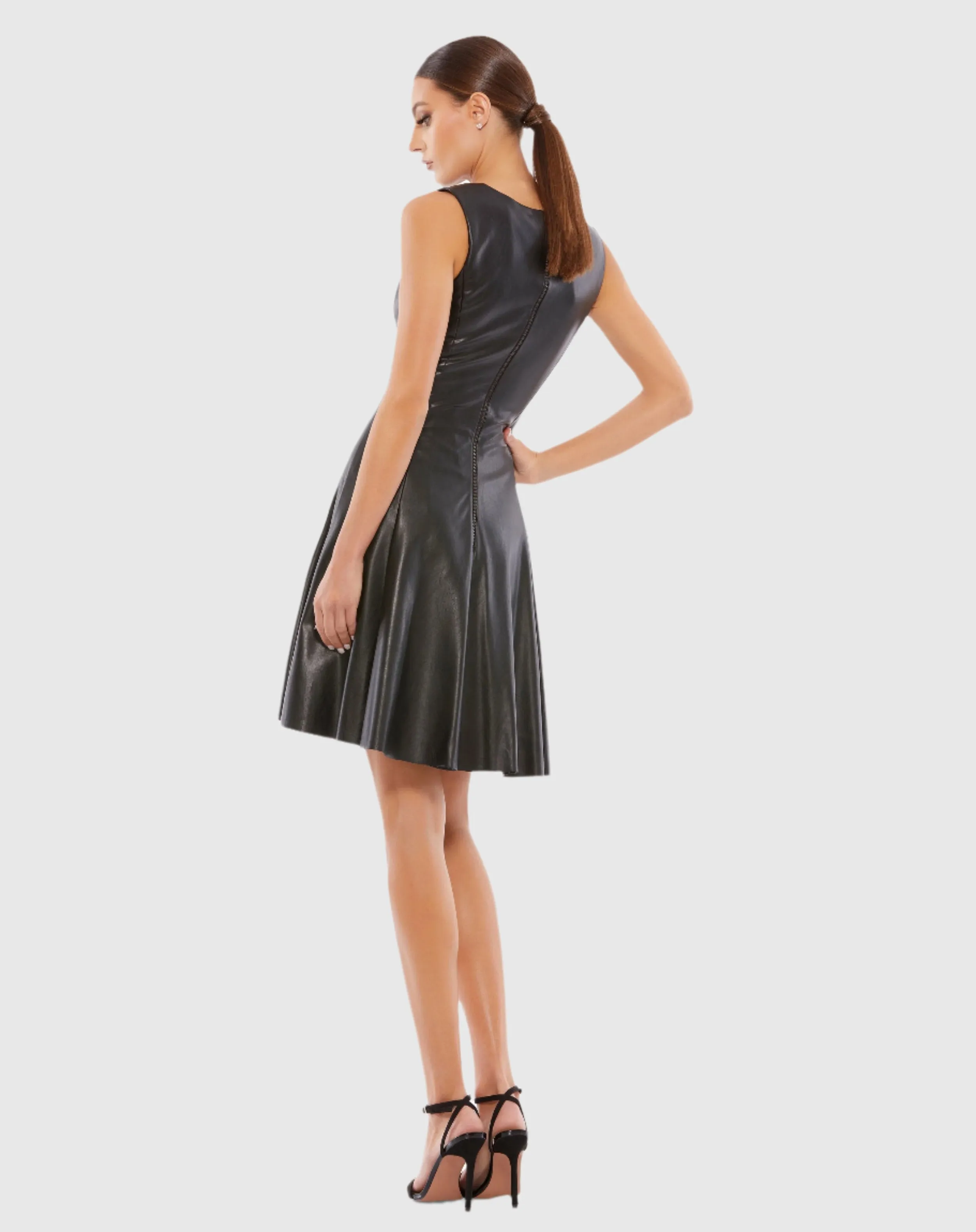 Asymmetrical Vegan Leather Sleeveless Fit & Flare Dress - FINAL SALE