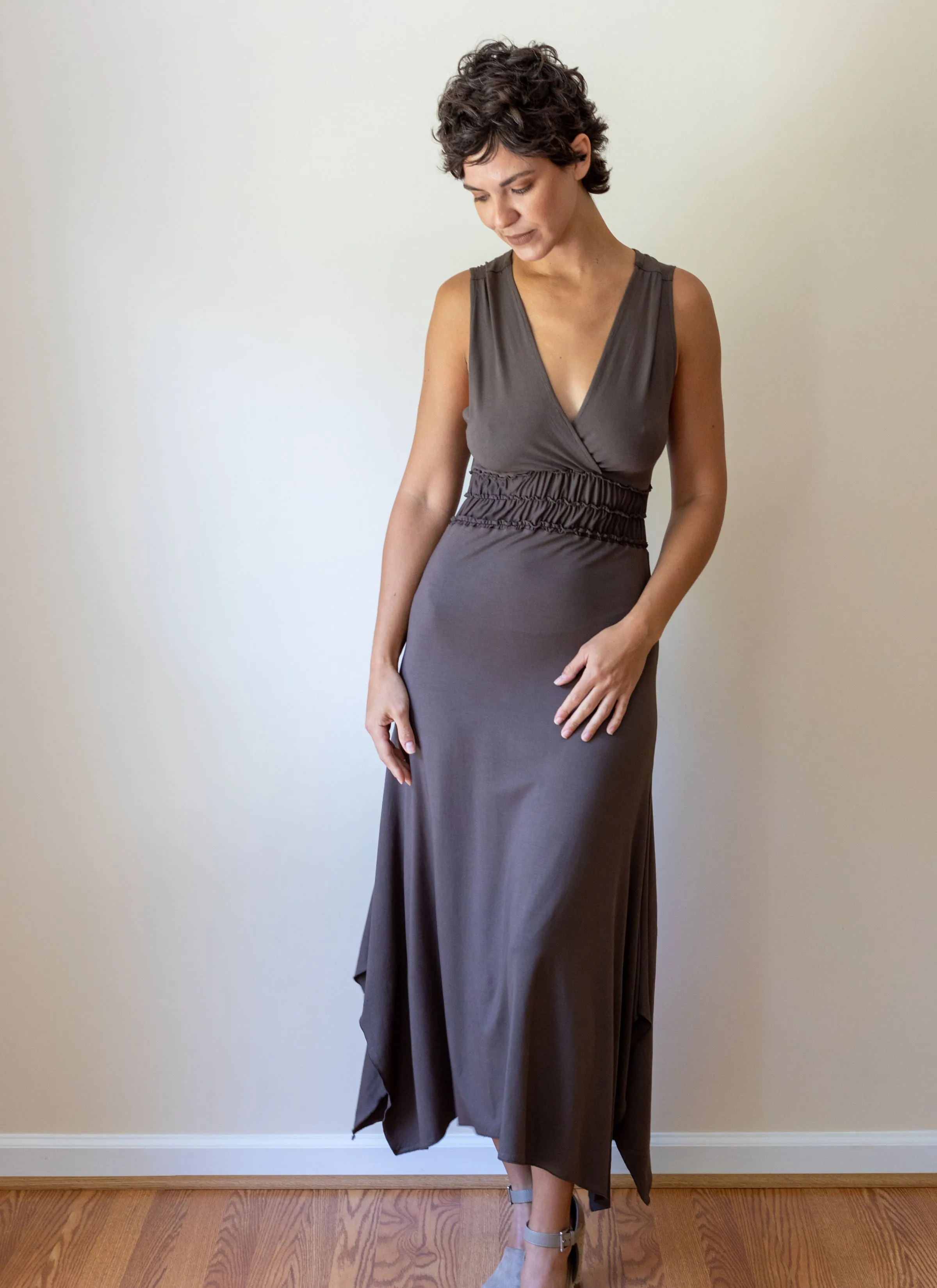 Athena Sleeveless Empire Ruched Waist Goddess Dress in Mocha