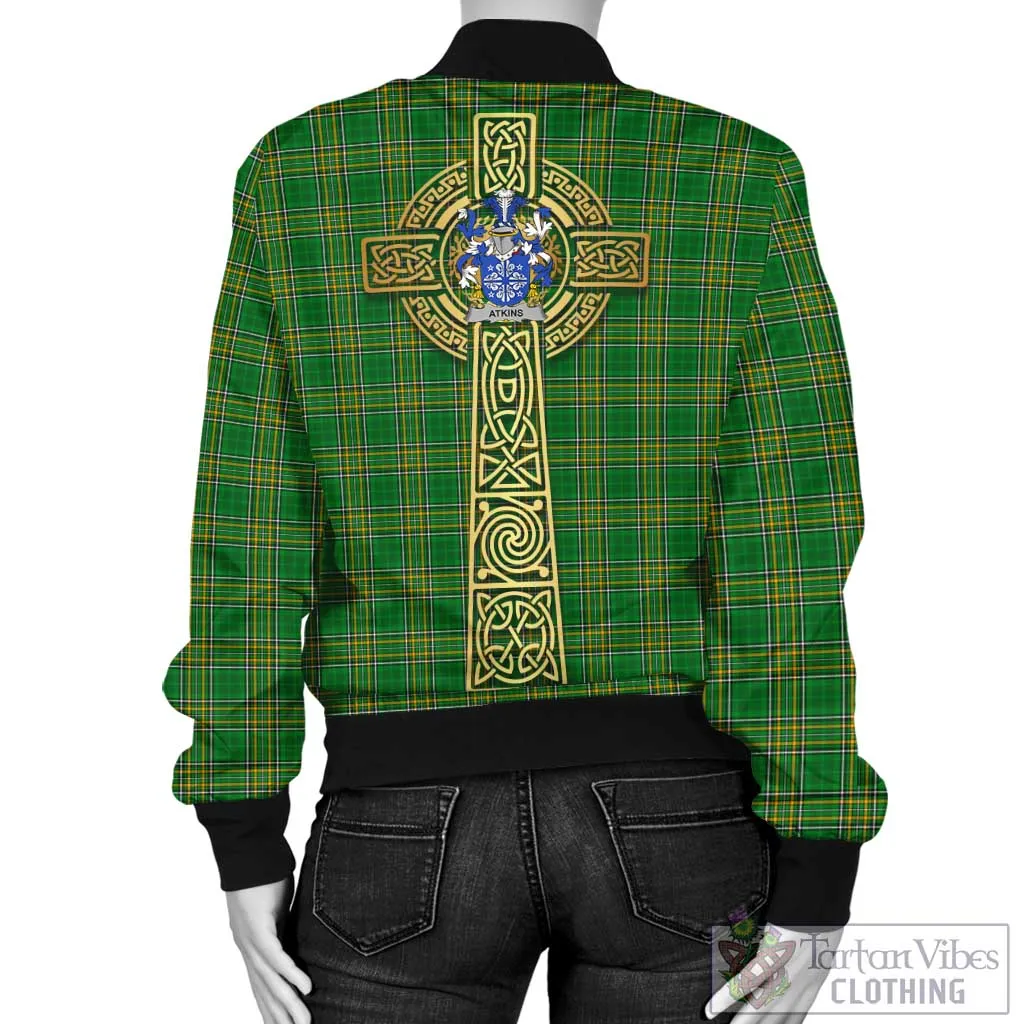 Atkins Irish Clan Tartan Bomber Jacket with Coat of Arms Celtic Tree of Life Style