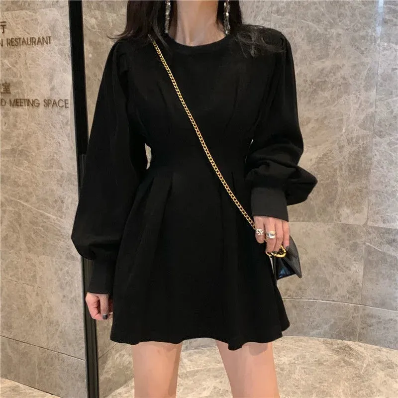 Autumn Black Mini Dress Spring Fashion Korean Style Wrap Long Sleeve Pleated Dress Casual Wrap Streetwear Women Kpop