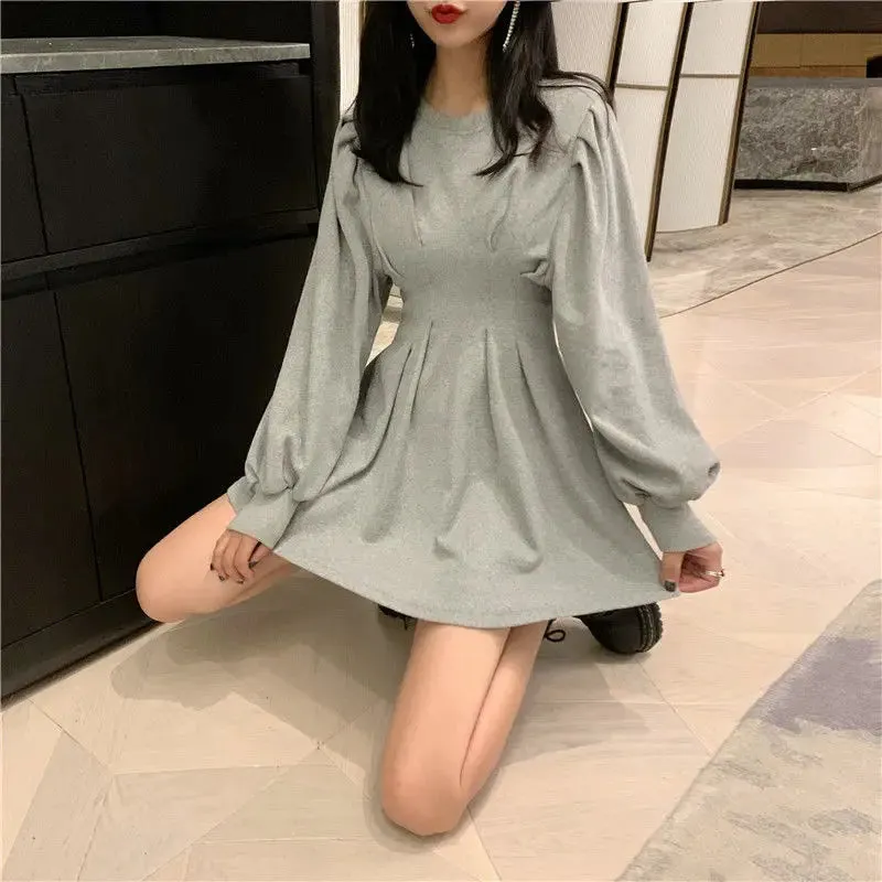 Autumn Black Mini Dress Spring Fashion Korean Style Wrap Long Sleeve Pleated Dress Casual Wrap Streetwear Women Kpop