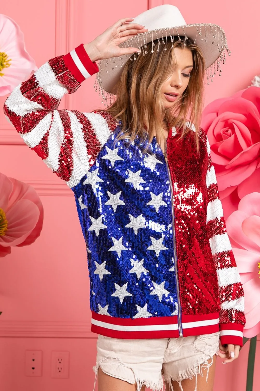 BiBi US Flag Theme Color Block Sequin Bomber Jacket