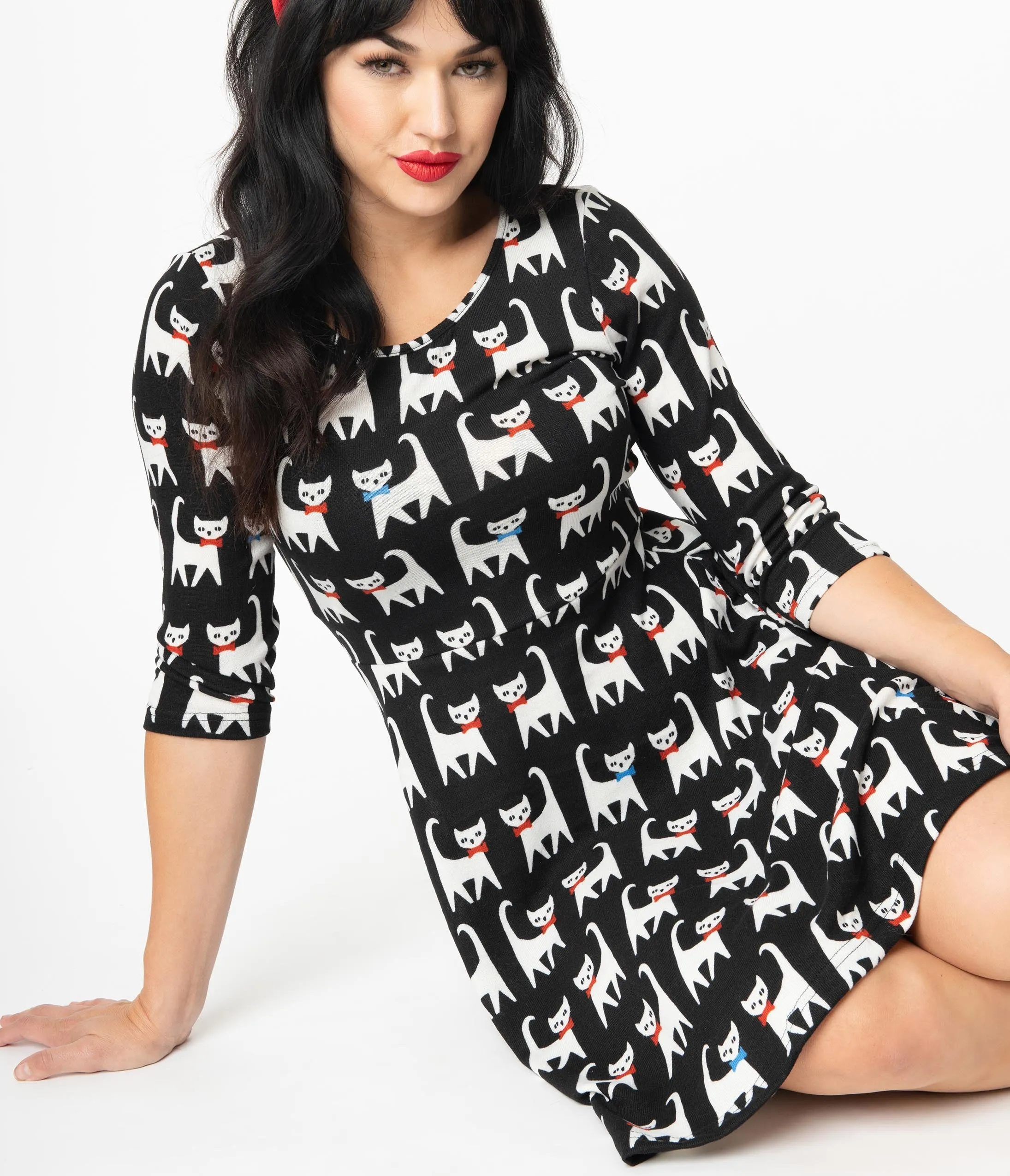 Black & White Cat Print Knit Fit & Flare Sweater Dress