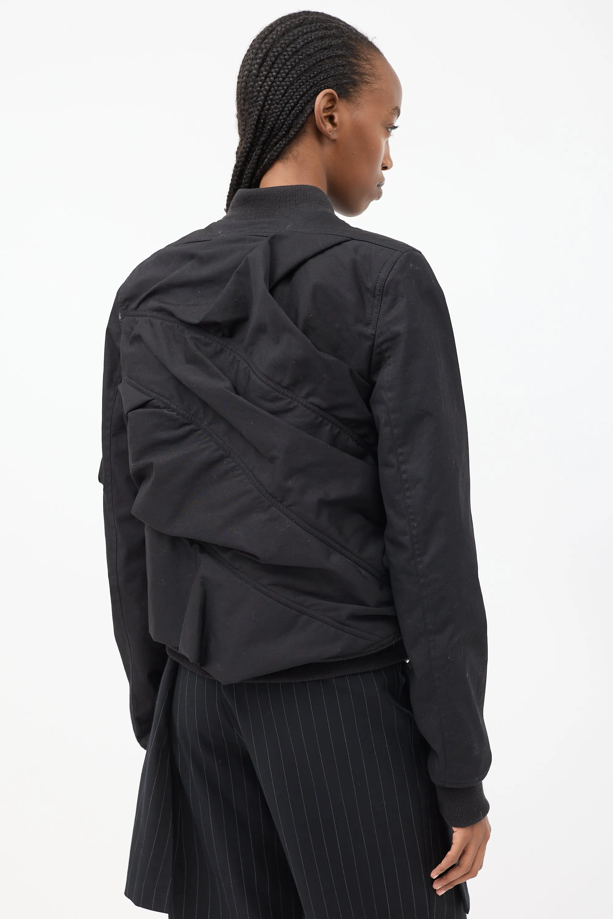 Black Cotton Draped Panel Bomber Jacket