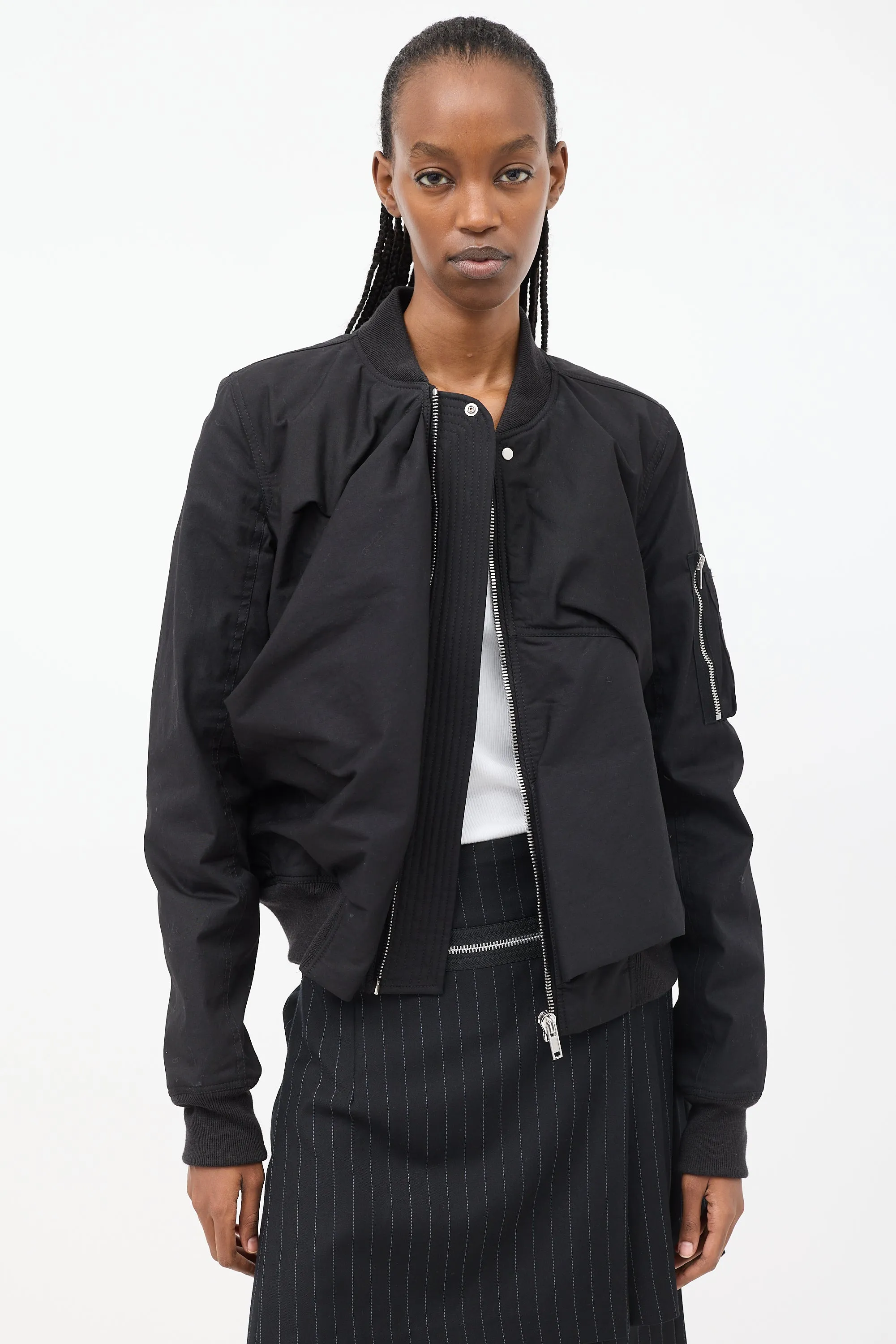 Black Cotton Draped Panel Bomber Jacket