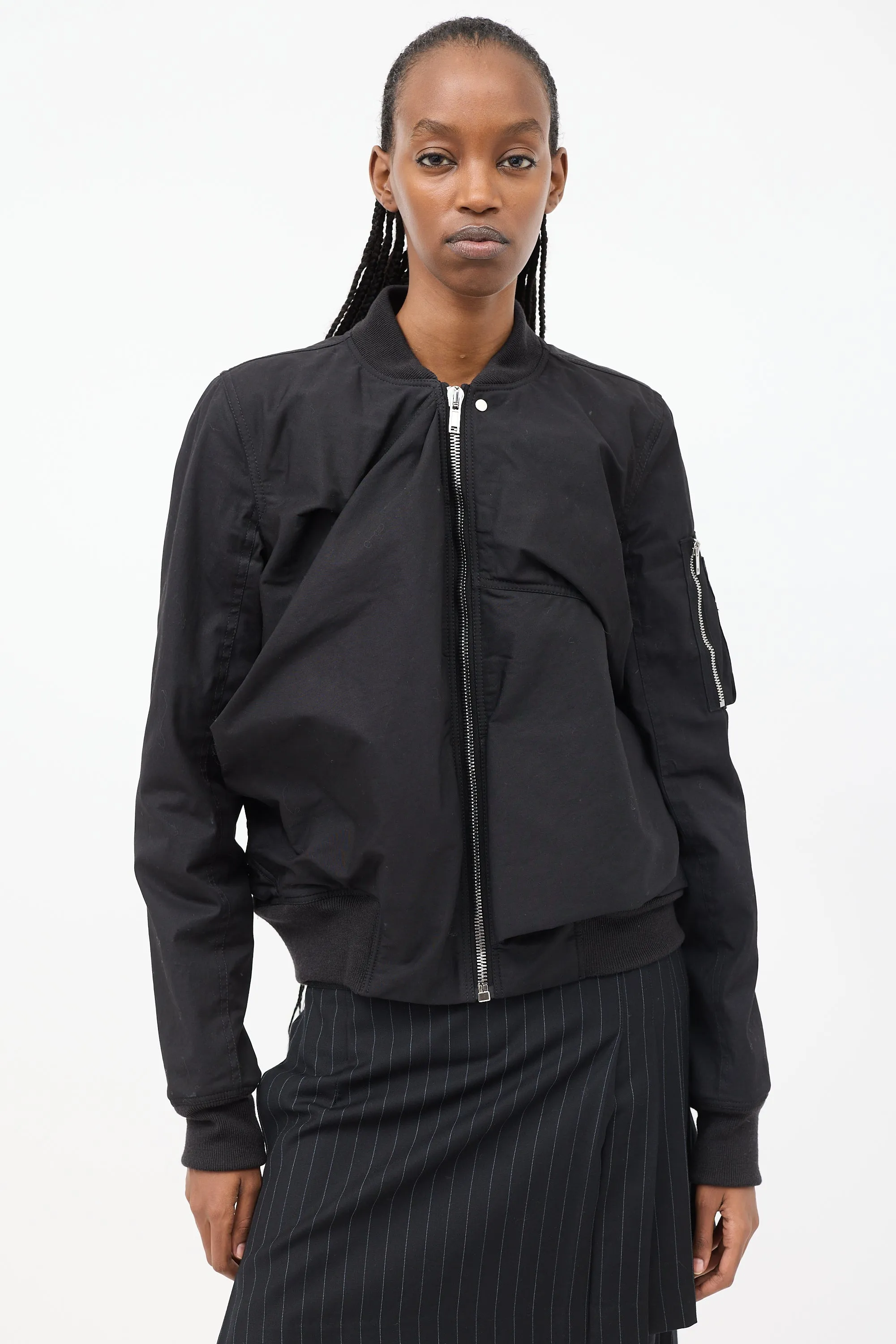 Black Cotton Draped Panel Bomber Jacket