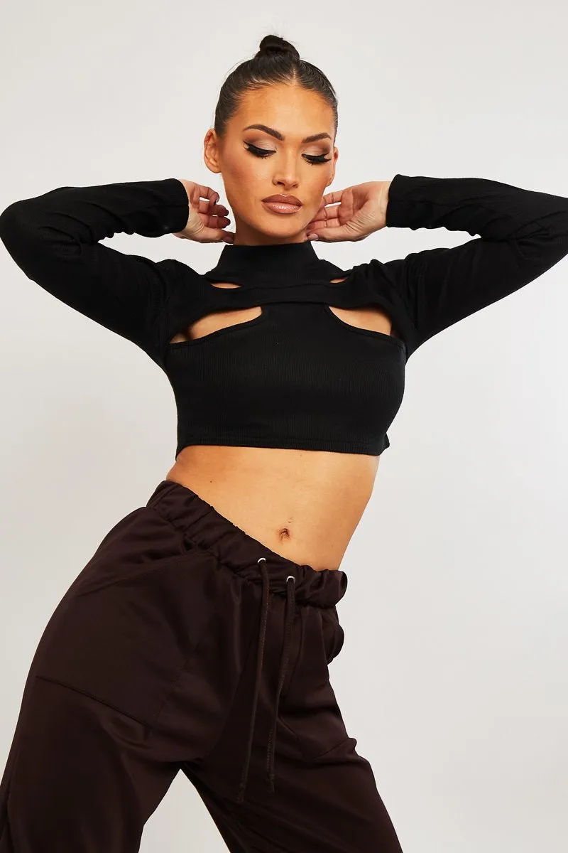 Black Ribbed Double Cut Out Crop Top - Graci