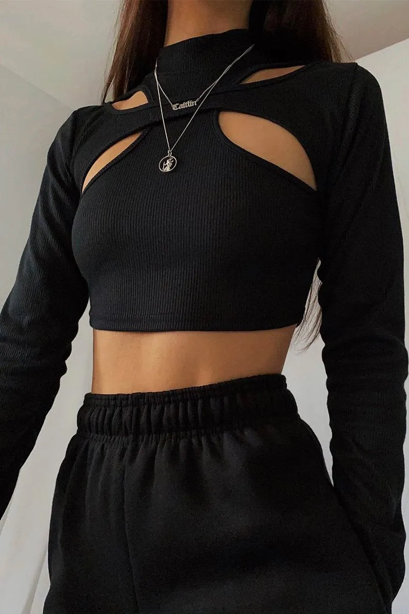 Black Ribbed Double Cut Out Crop Top - Graci