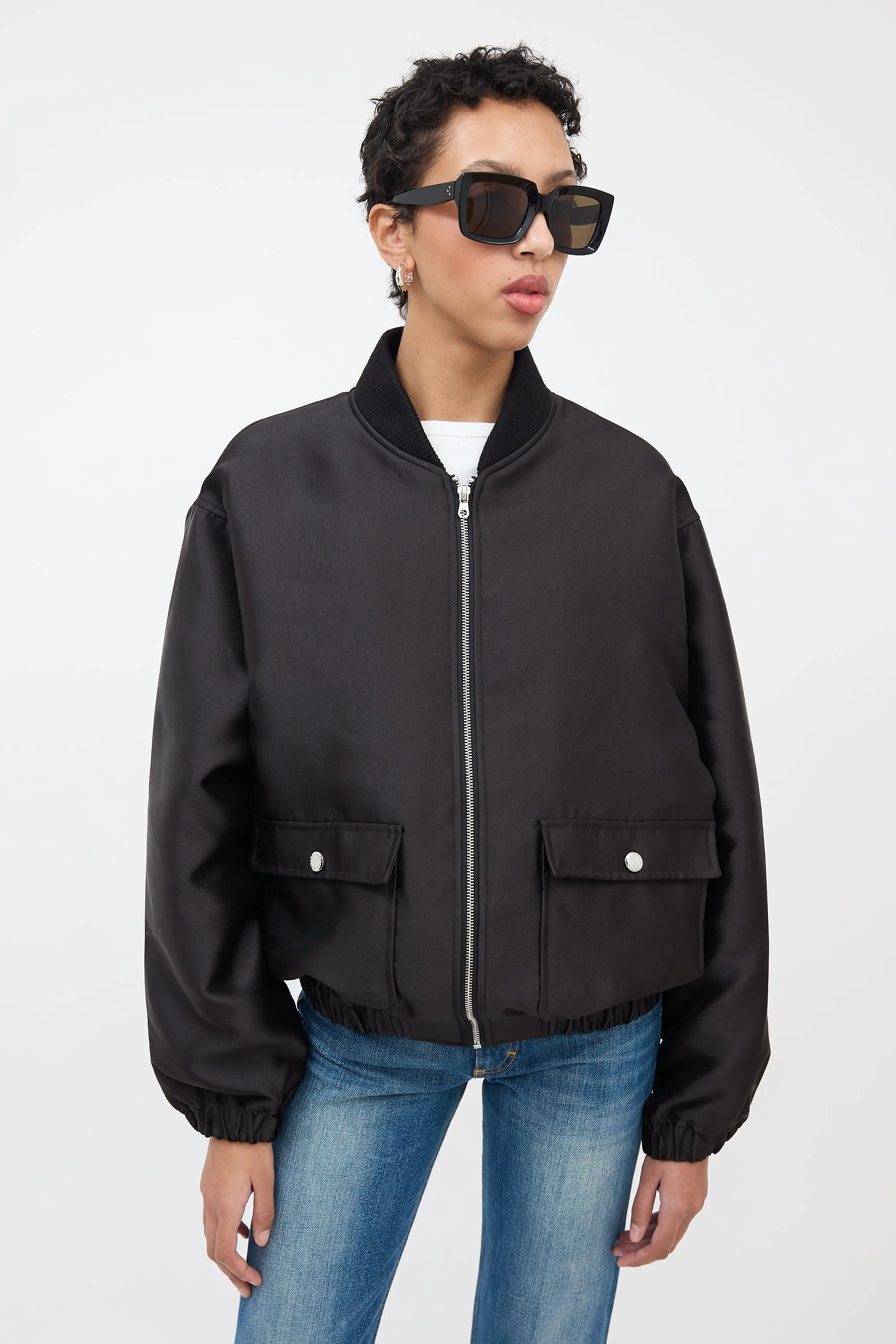 Black Satin Zip Bomber