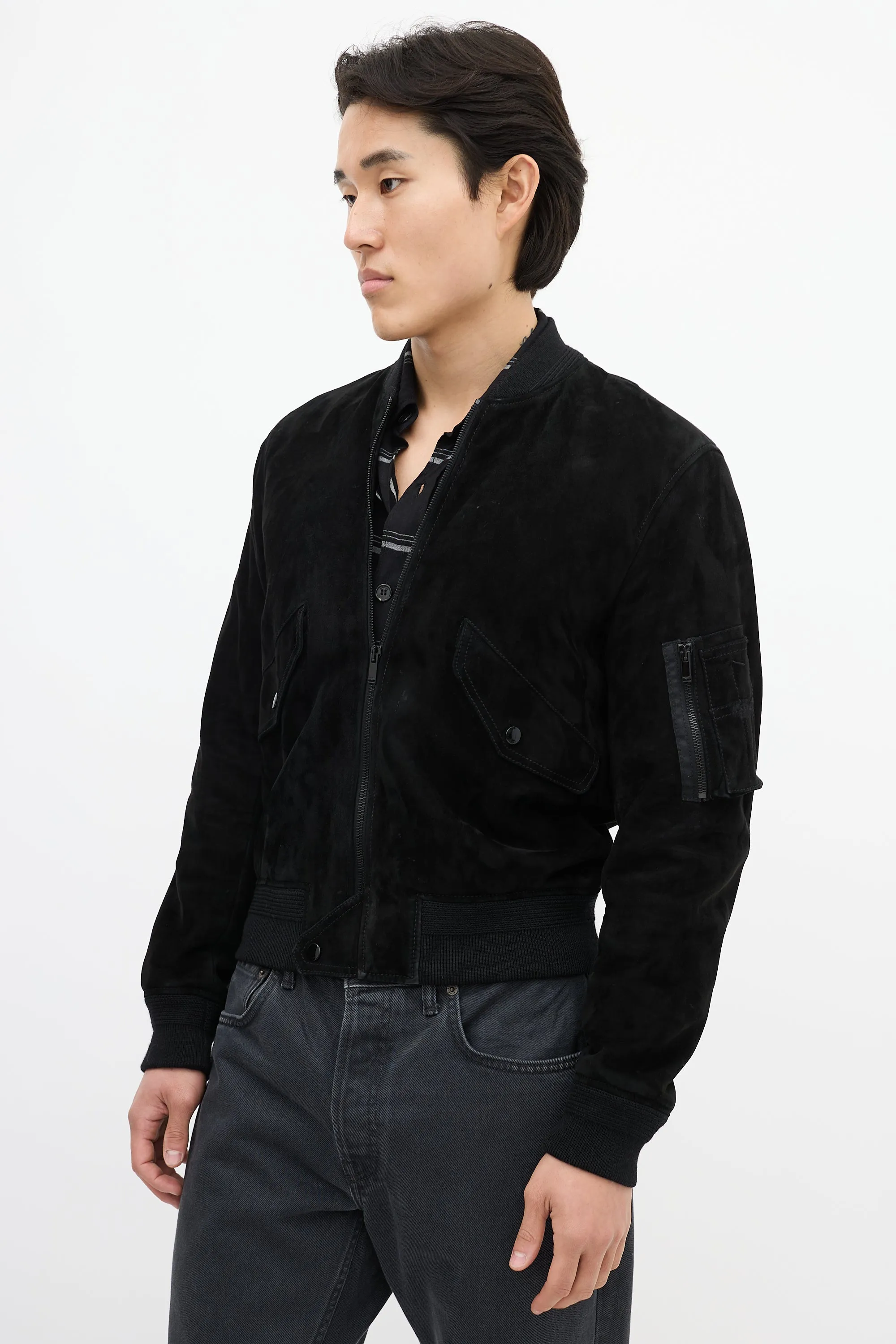 Black Suede & Wool Bomber Jacket