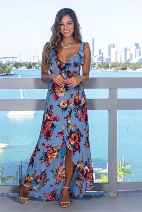 Blue Floral Ruffle Wrap Dress with Criss Cross Back