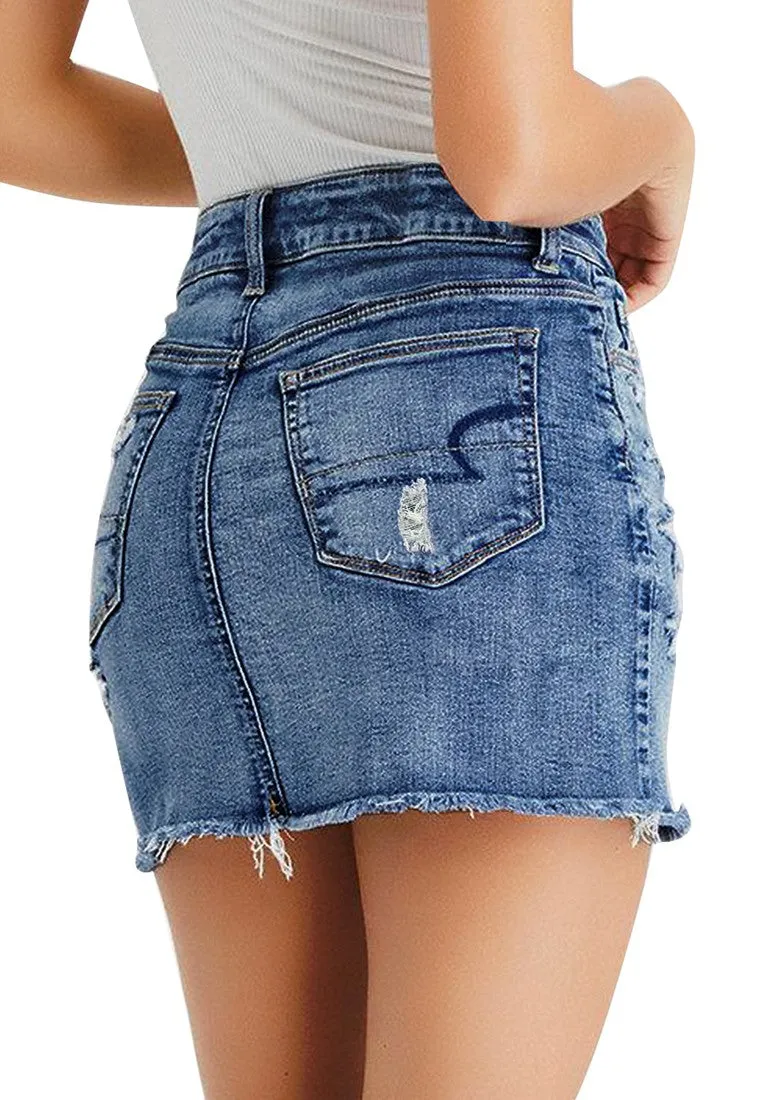 Blue Frayed Raw Hem Ripped Denim Mini Skirt