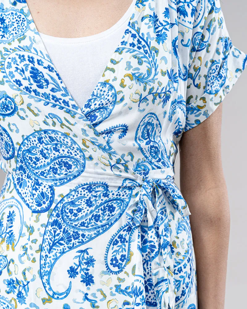 Blue Paisley Wrap Dress