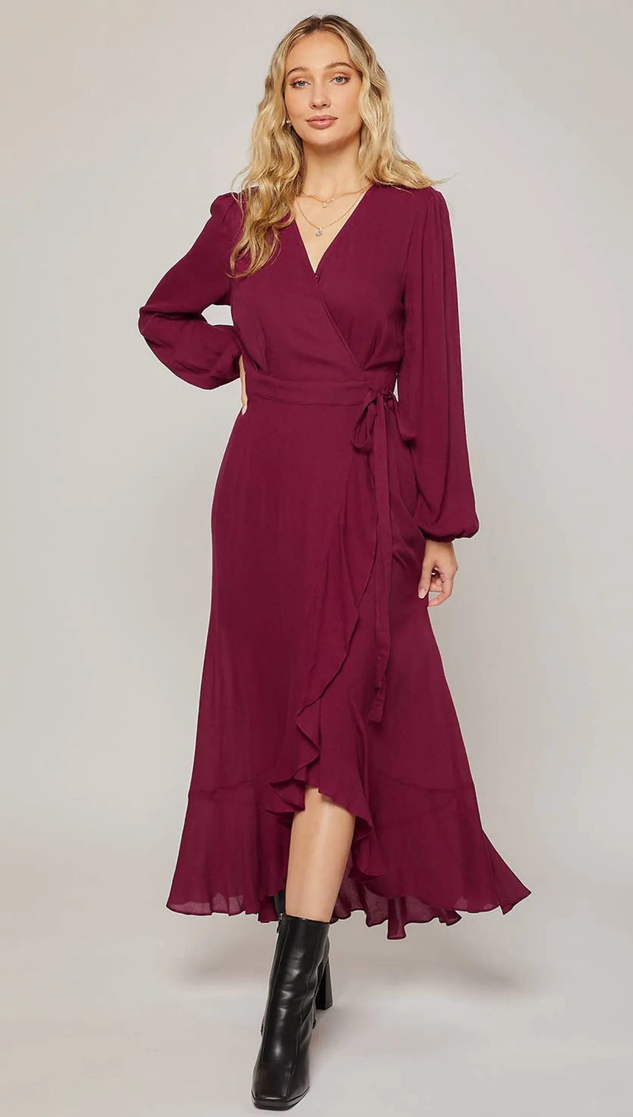 Bluivy Burgundy Ruffle Hem Wrap Maxi Dress