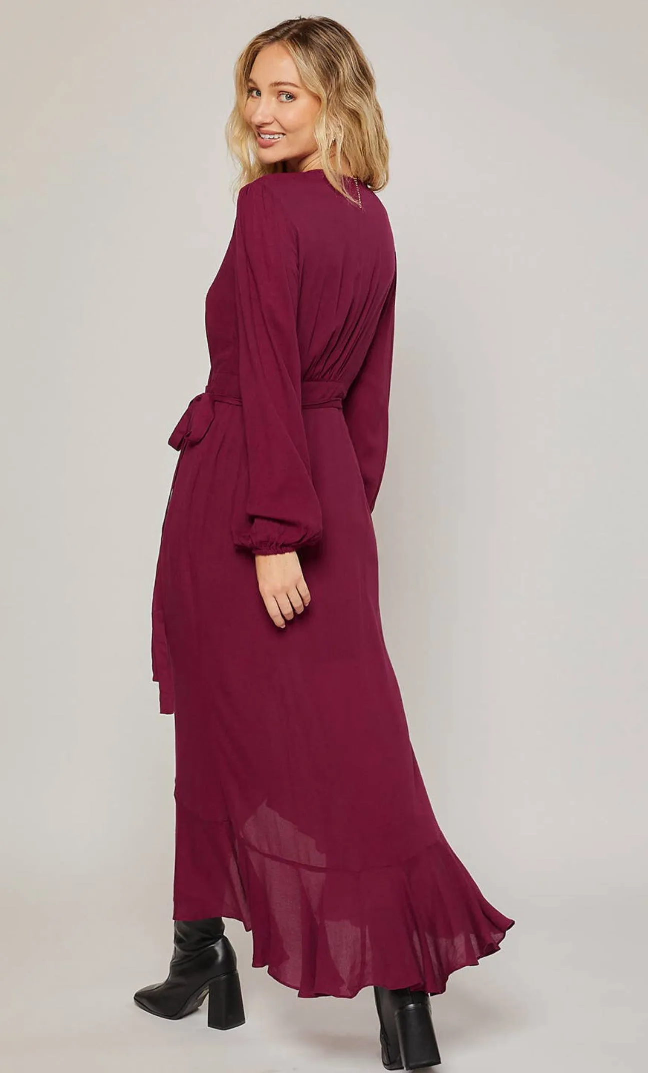 Bluivy Burgundy Ruffle Hem Wrap Maxi Dress