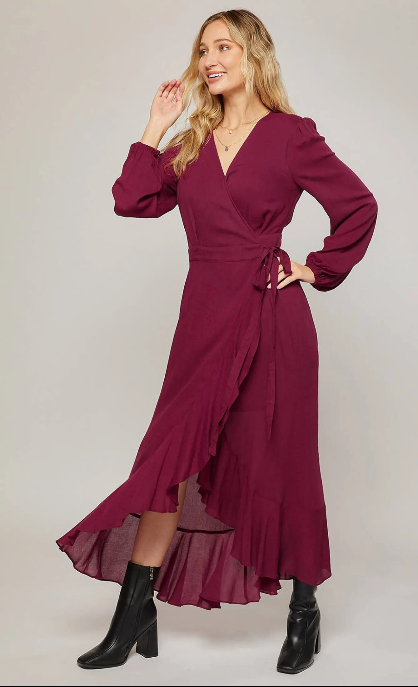 Bluivy Burgundy Ruffle Hem Wrap Maxi Dress