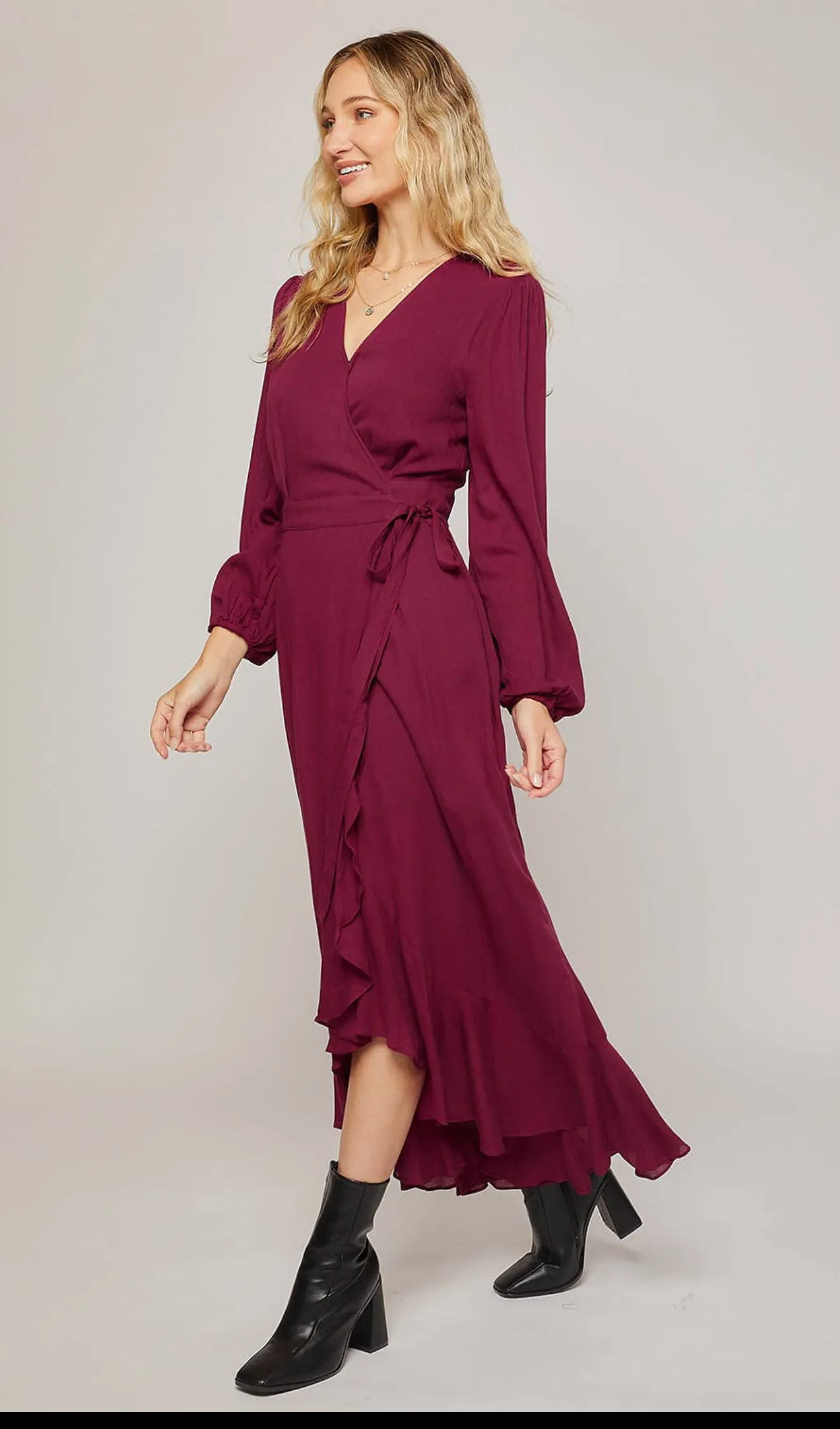 Bluivy Burgundy Ruffle Hem Wrap Maxi Dress