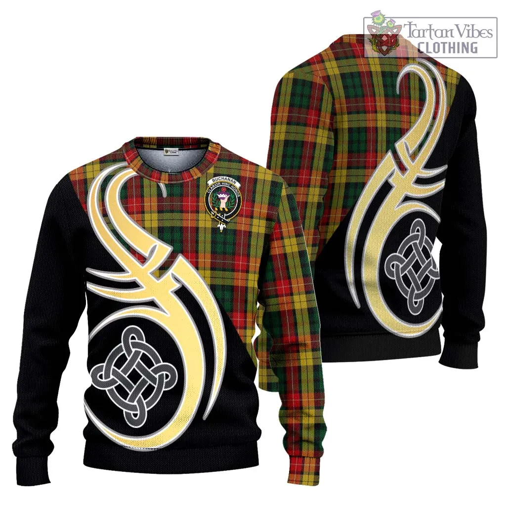 Buchanan Tartan Ugly Sweater with Family Crest and Celtic Symbol Style