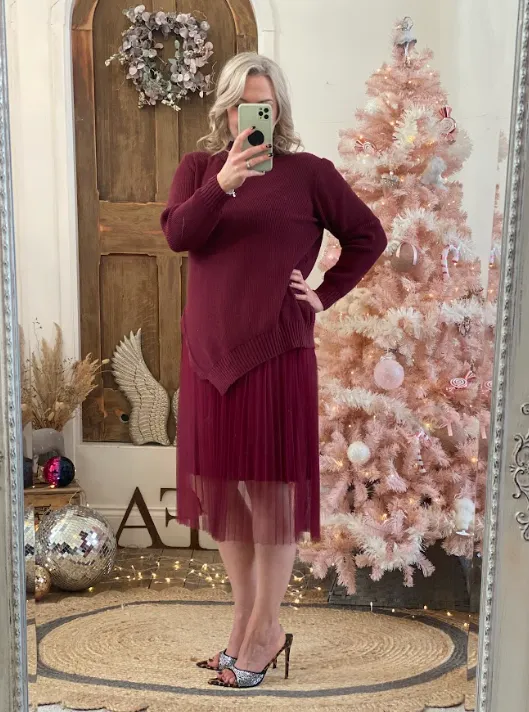 Burgundy Camille Two Piece Roll Neck Jumper & Pleated Dress