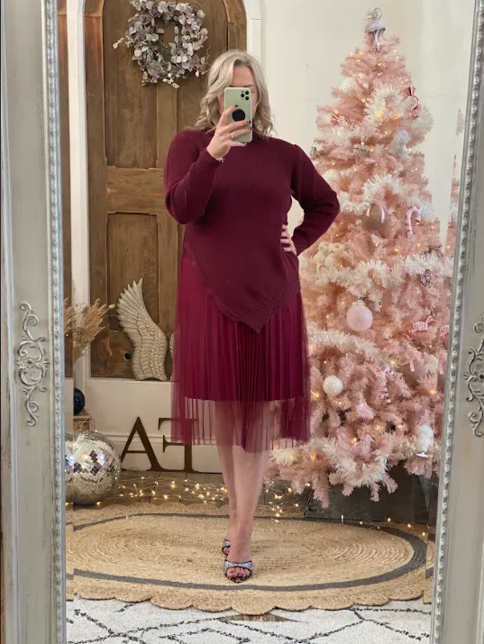 Burgundy Camille Two Piece Roll Neck Jumper & Pleated Dress