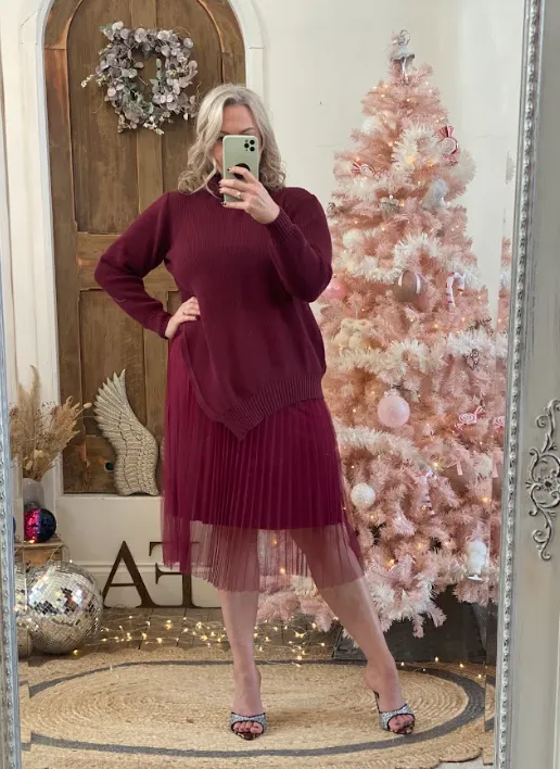 Burgundy Camille Two Piece Roll Neck Jumper & Pleated Dress