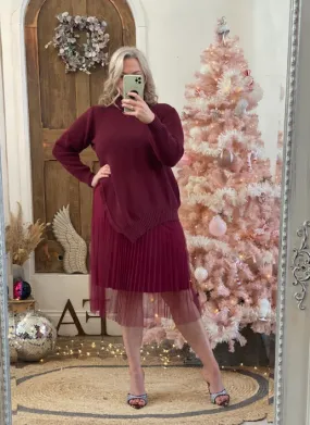 Burgundy Camille Two Piece Roll Neck Jumper & Pleated Dress