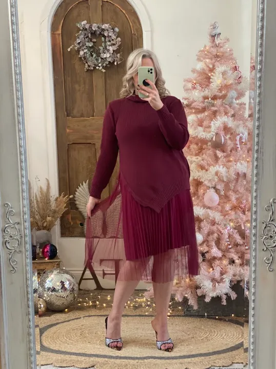 Burgundy Camille Two Piece Roll Neck Jumper & Pleated Dress