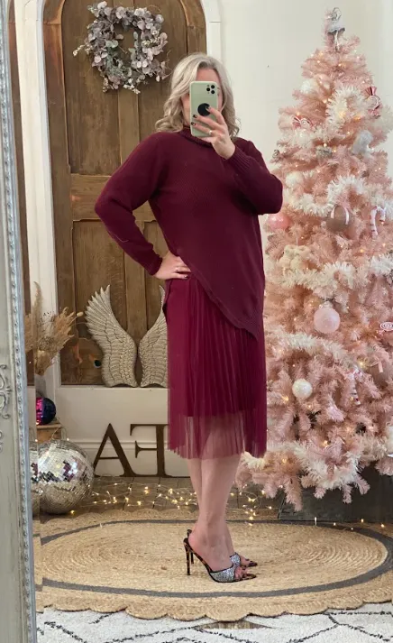 Burgundy Camille Two Piece Roll Neck Jumper & Pleated Dress