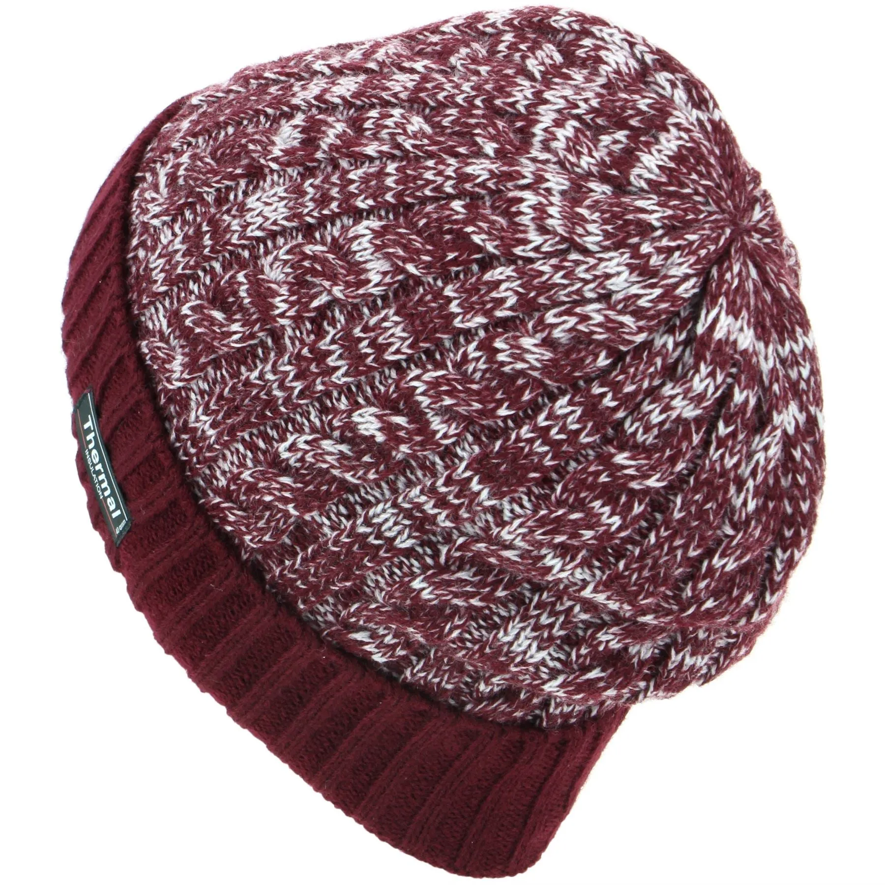 Cable Knit Marl Beanie Hat with Turn-up - Maroon