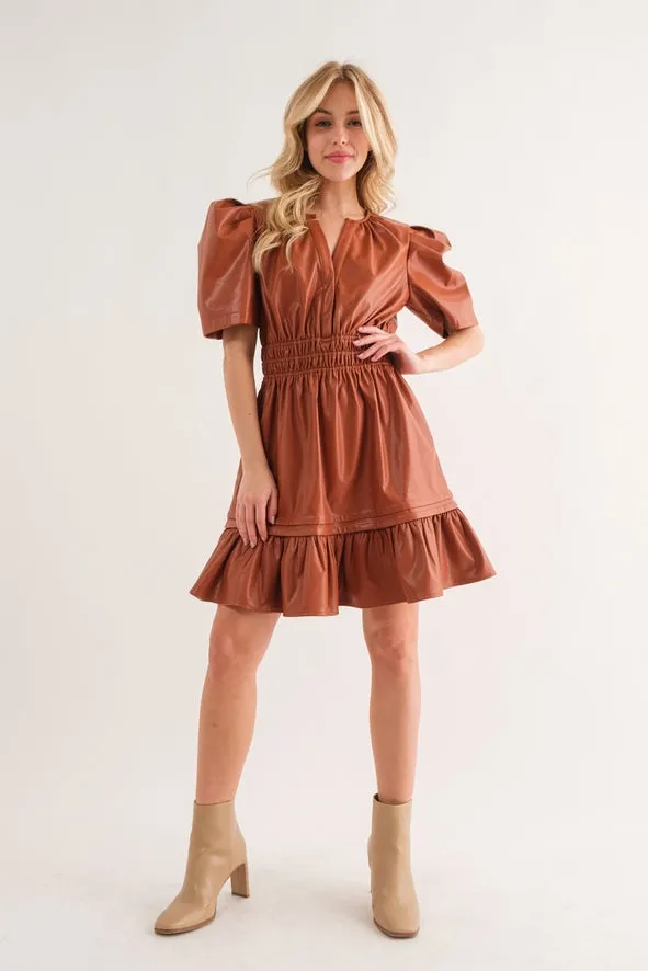 CAMEL BROWN FAUX LEATHER PUFF SHORT SLEEVE SMOCKING DRESS