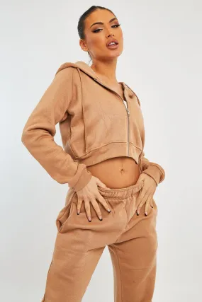 Camel Zip Up Cropped Hoodie - Skarlet