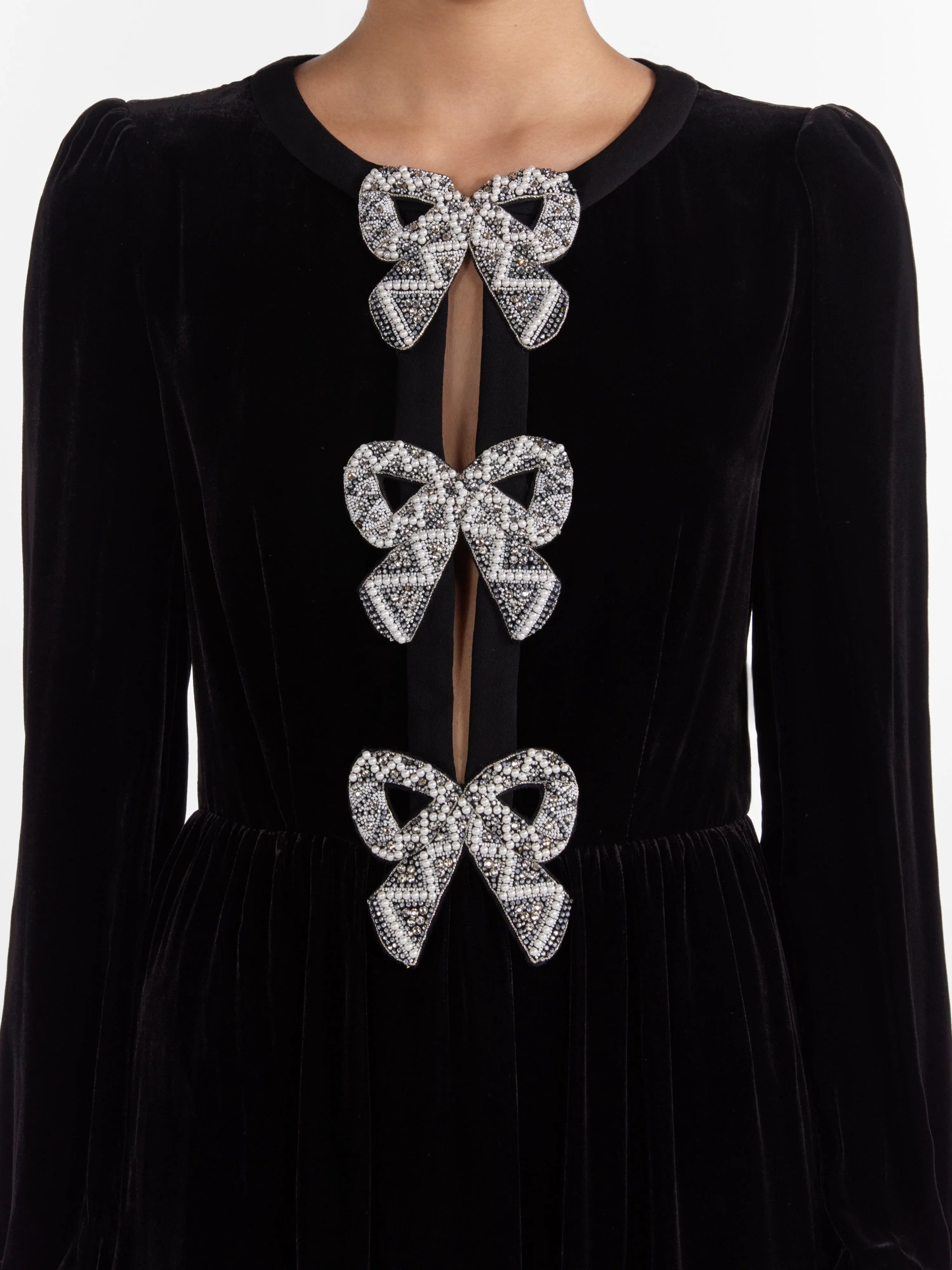 Camille Velvet Embellished Bows Dress in Black