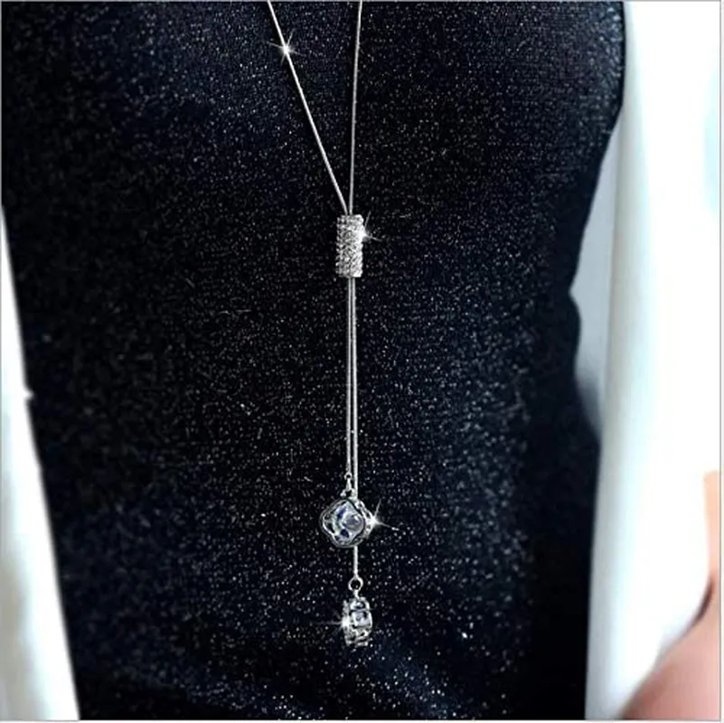 Cathercing Flower Rhinestone Pendant Long Necklace for Women Sweater Chain Statement Necklace Choker Adjustable Elegant Jewelry Accessories Dressy Collocation Winter Evening Party Wedding