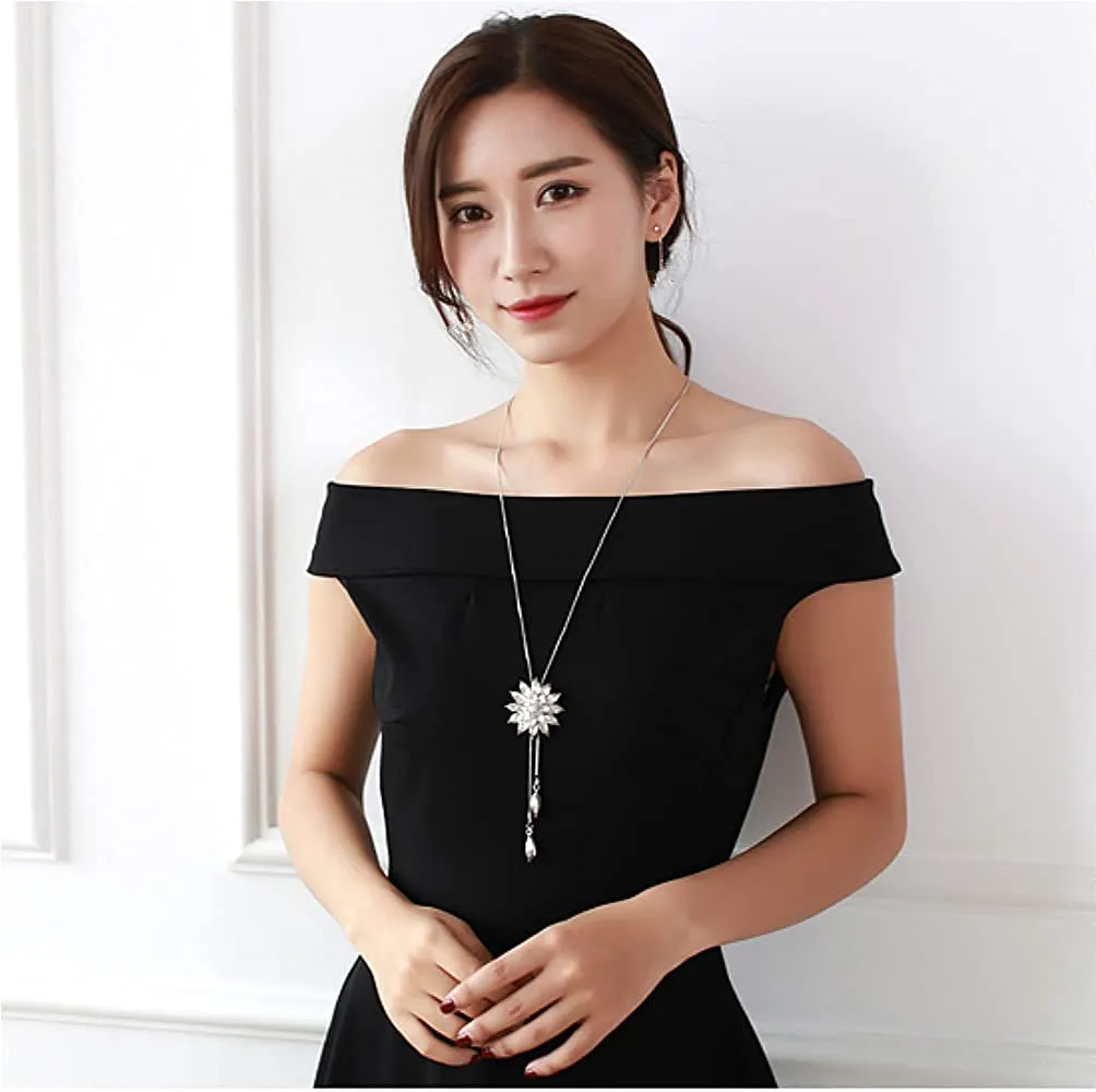 Cathercing Rhinestone Lotus Floral Pendant Long Necklace for Women Sweater Chain Statement Necklace Choker Adjustable Elegant Jewelry Accessories Dressy Collocation Winter Evening Party Wedding