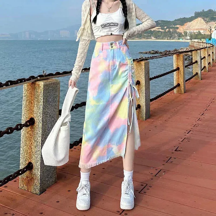 Chic Colorblock Tie Dye Drawstring Split Denim Skirt