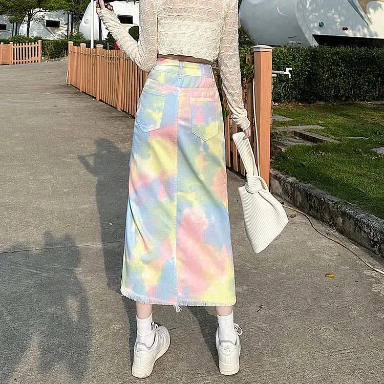 Chic Colorblock Tie Dye Drawstring Split Denim Skirt