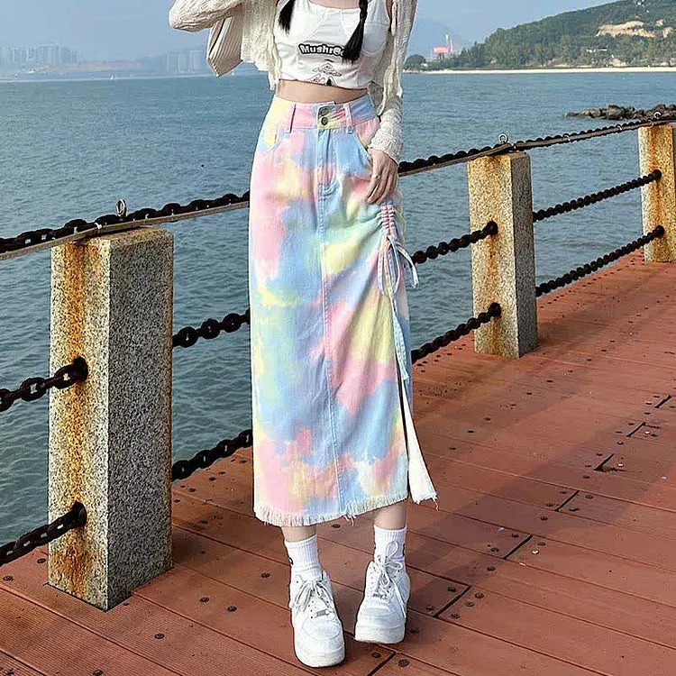 Chic Colorblock Tie Dye Drawstring Split Denim Skirt