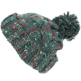 Chunky Knit Colourful Fleck Bobble Beanie Hat - Green