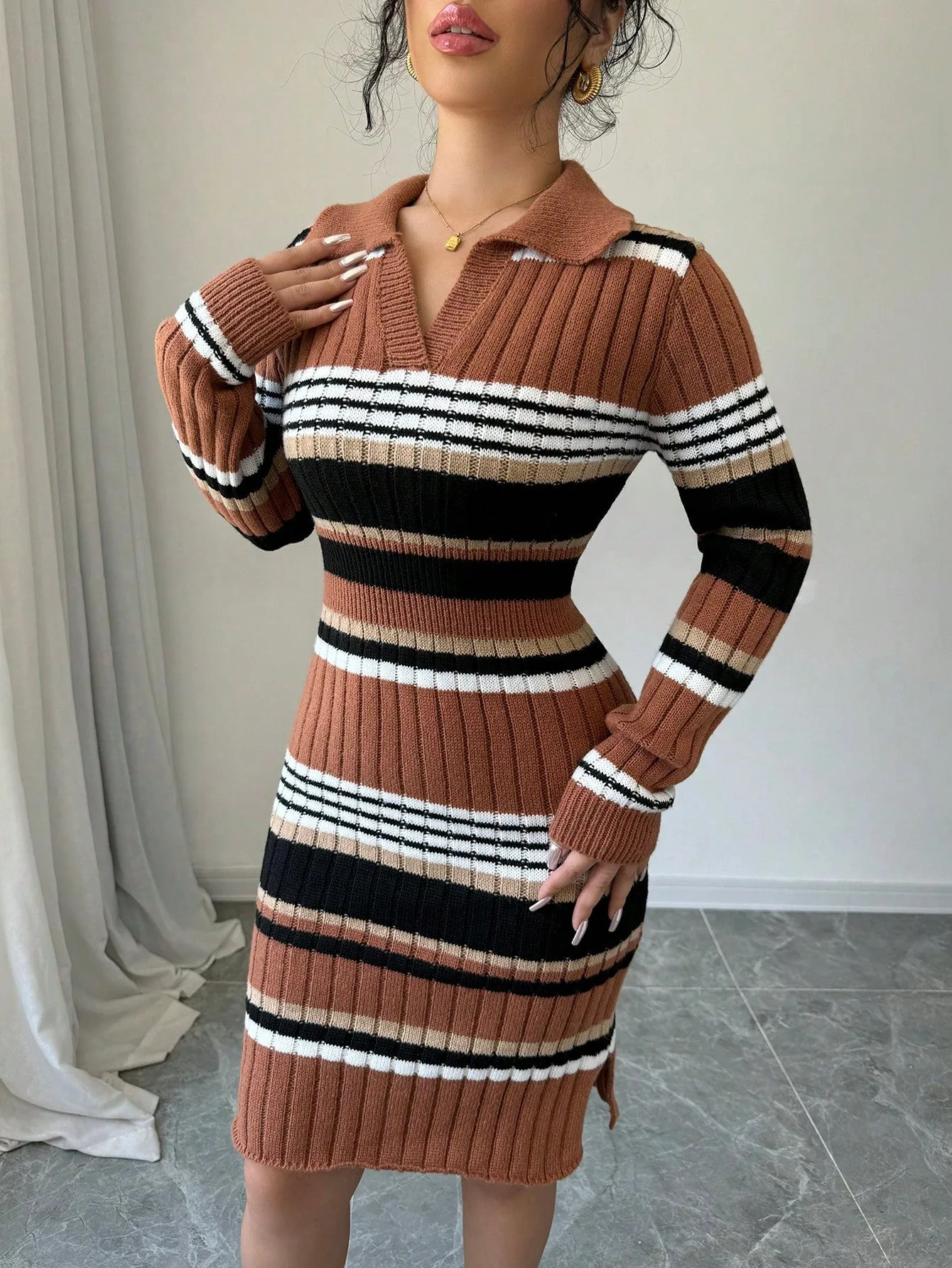 Color Block Striped Slim Fit Knit Sweater Dress