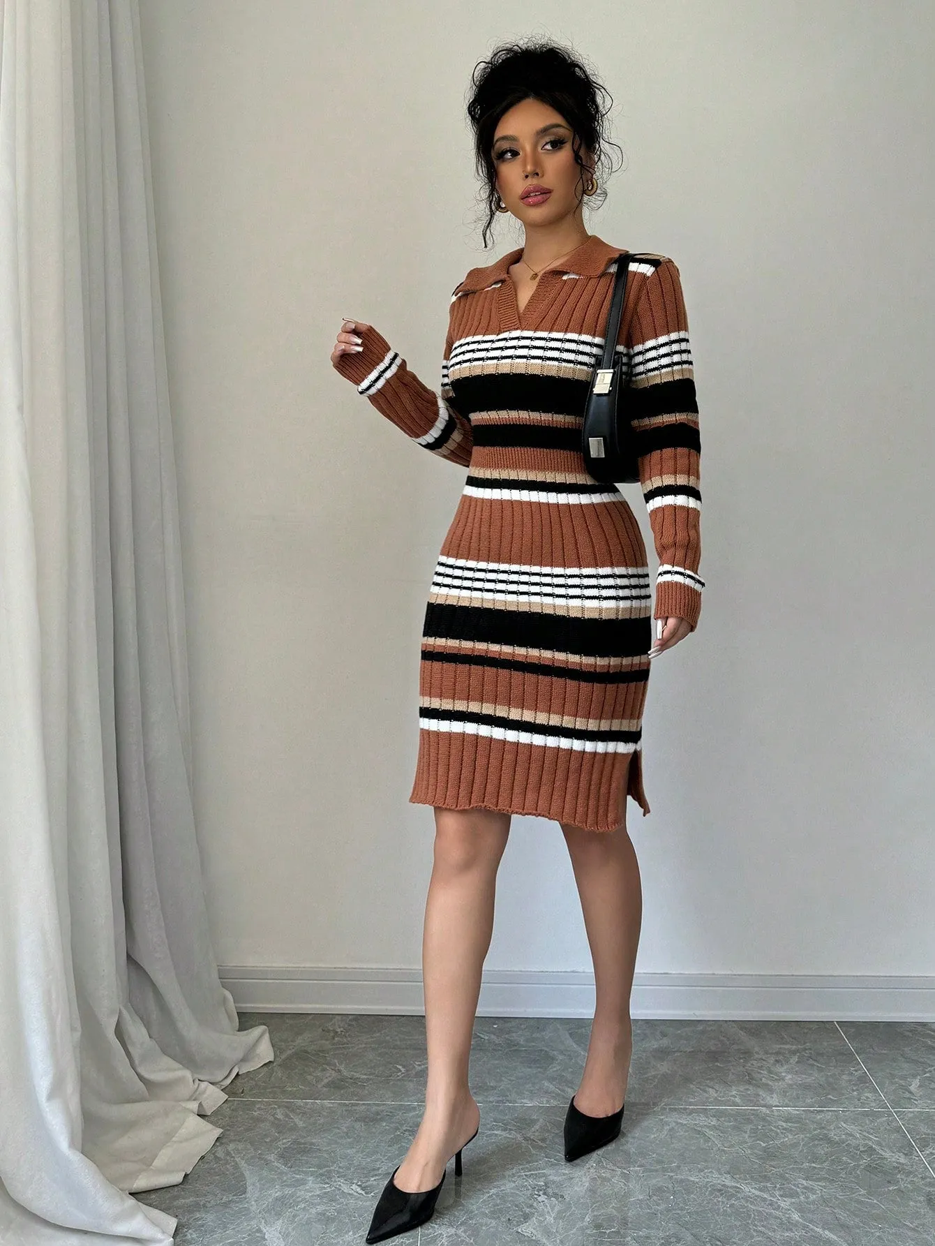 Color Block Striped Slim Fit Knit Sweater Dress