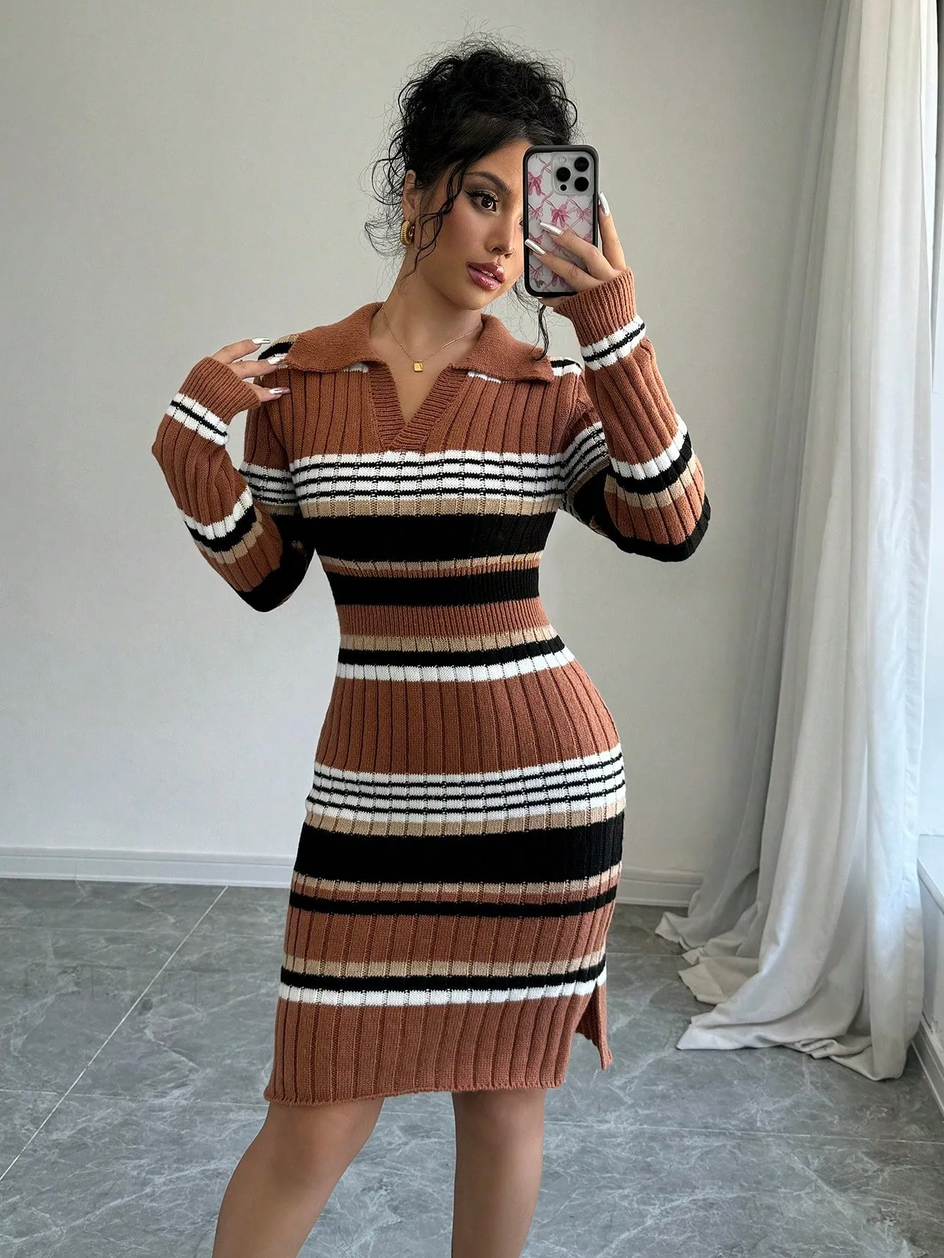 Color Block Striped Slim Fit Knit Sweater Dress