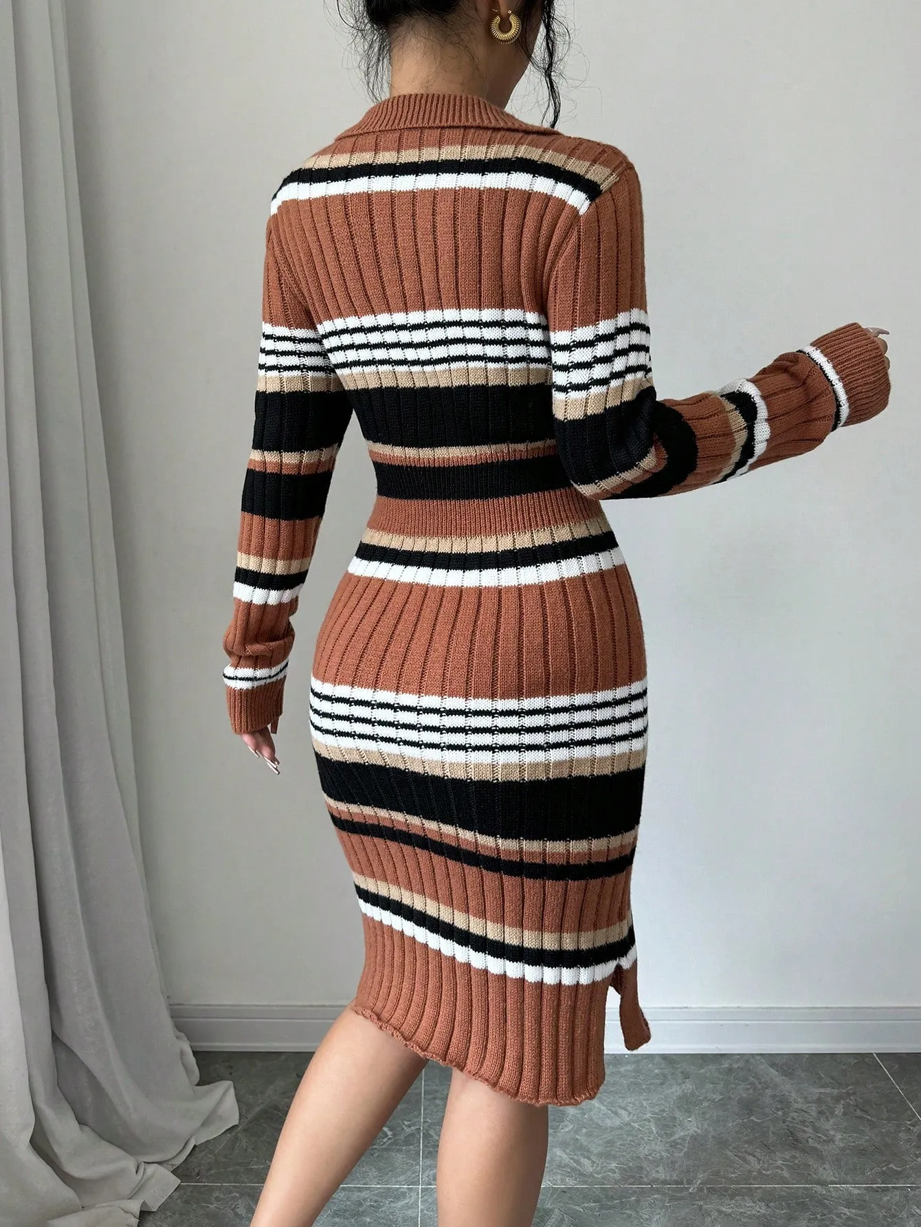 Color Block Striped Slim Fit Knit Sweater Dress