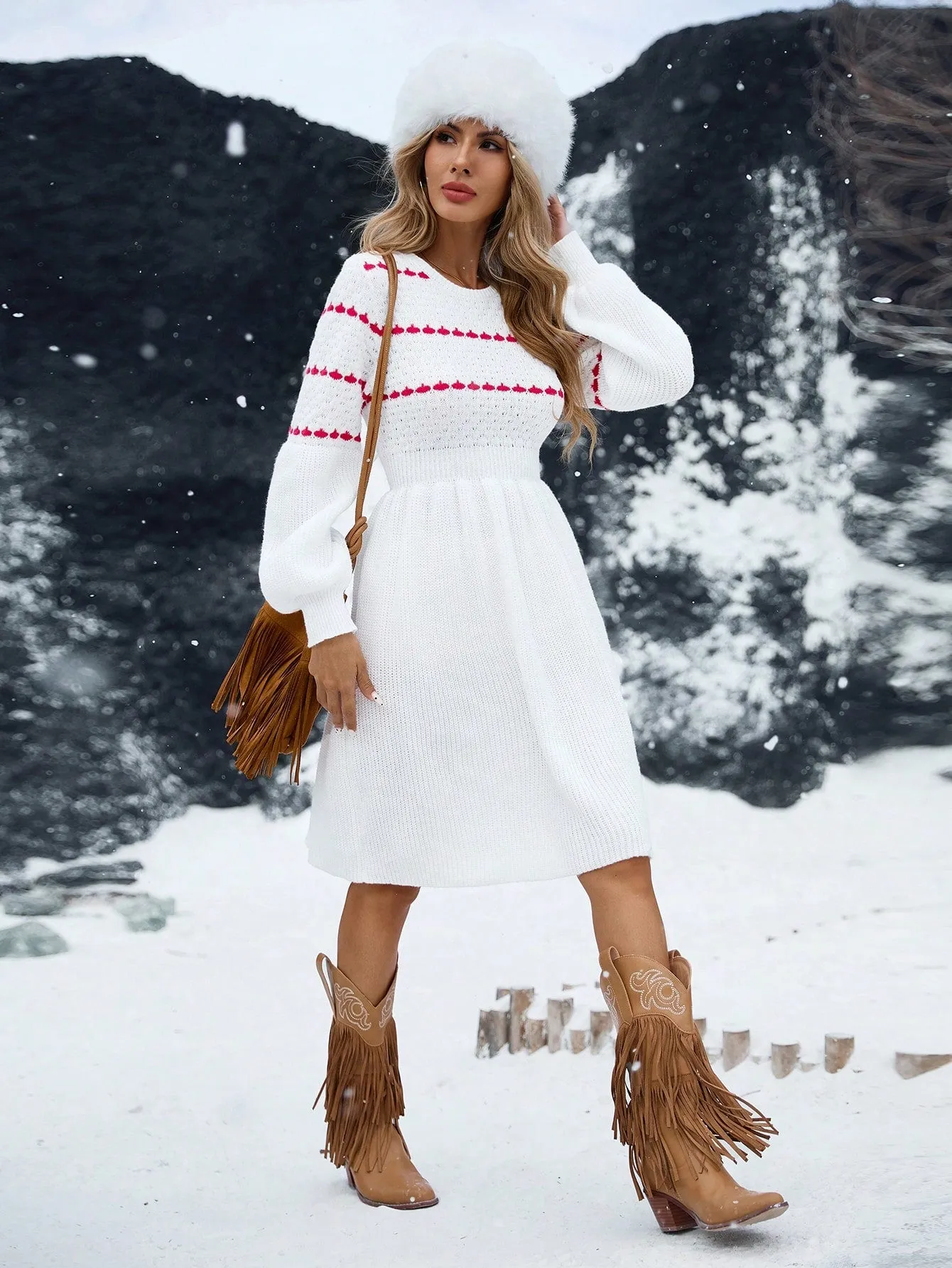 Contrast Color Patchwork Waist A-Line  Knitted Sweater Dress